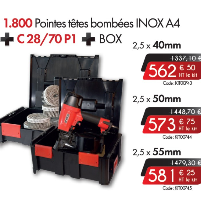 1 cloueur C 28/70 P1 + 1 800 pointes têtes bombées INOX A4 + BOX